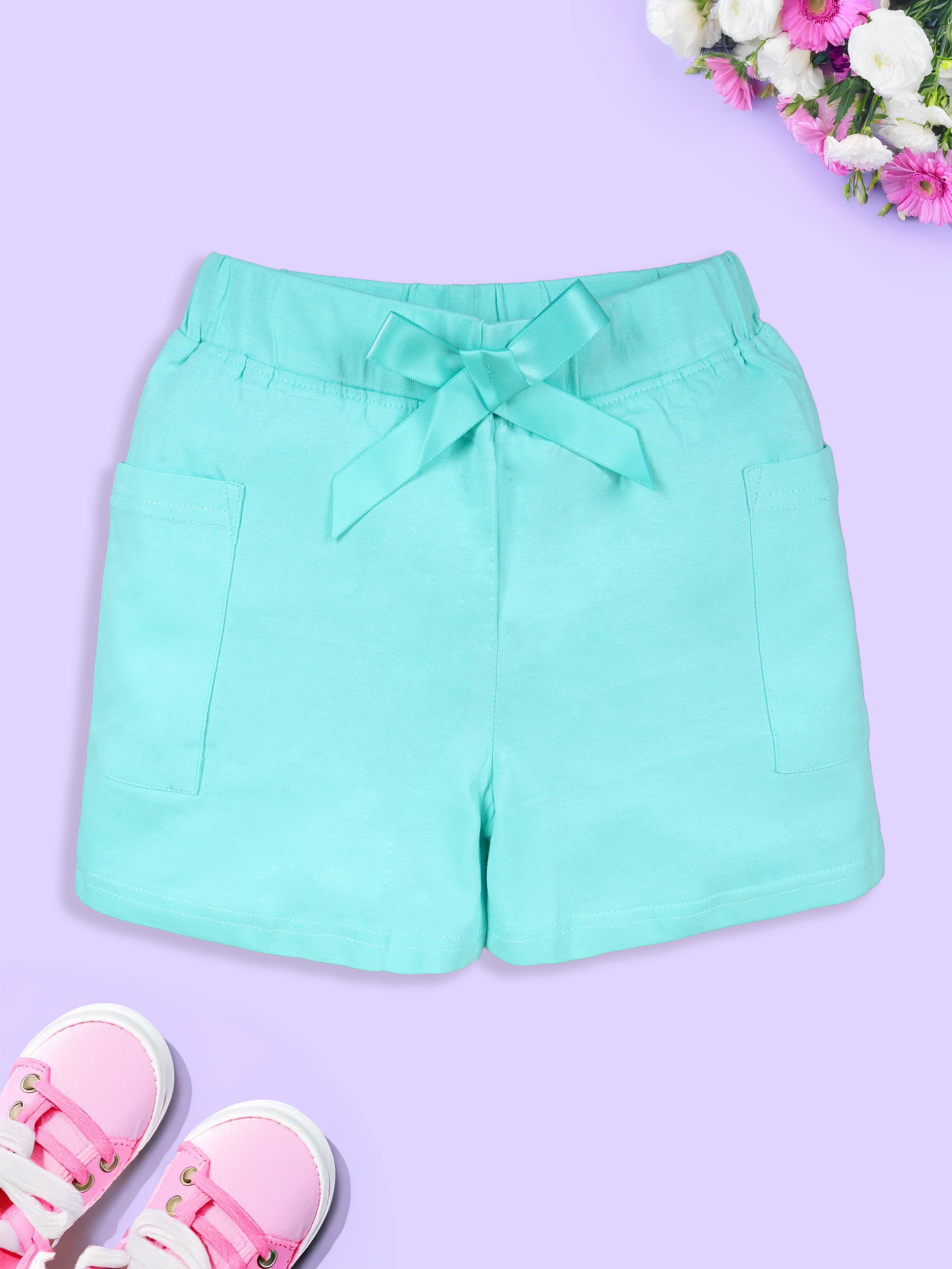 Girls Patch Pocket Hot Shorts With Bow