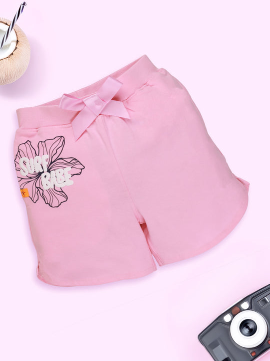 Girls Cotton Knit Printed Hot Shorts With Bow