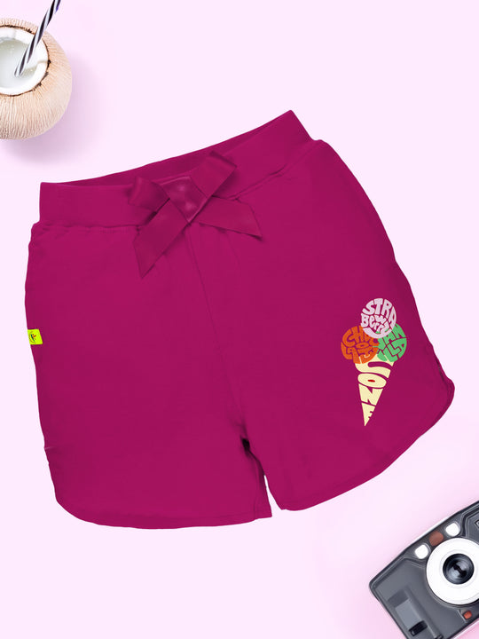 Girls Cotton Knit Printed Hot Shorts With Bow