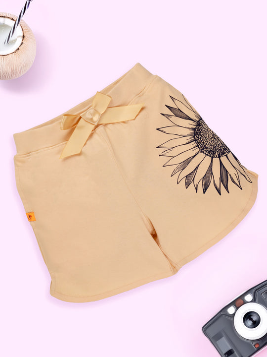 Girls Cotton Knit Printed Hot Shorts With Bow