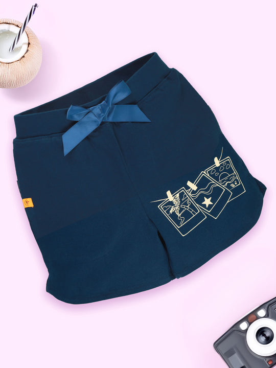 Girls Cotton Knit Printed Hot Shorts With Bow