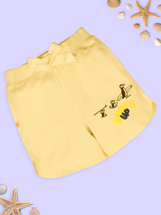 Girls Cotton Surf Up Text Printed Hot Shorts With Bow