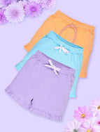 Girls Cotton Bottom Hem Frill Solid Shorts Pack Of 3 - Peach Orange & Aqua Blue & Orchid / 2-3Y