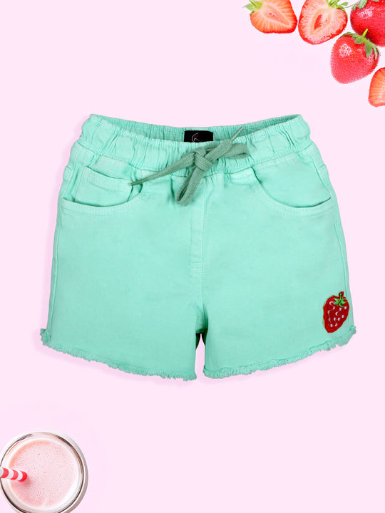 Girls Denim Hot Shorts With Strawberry Applique
