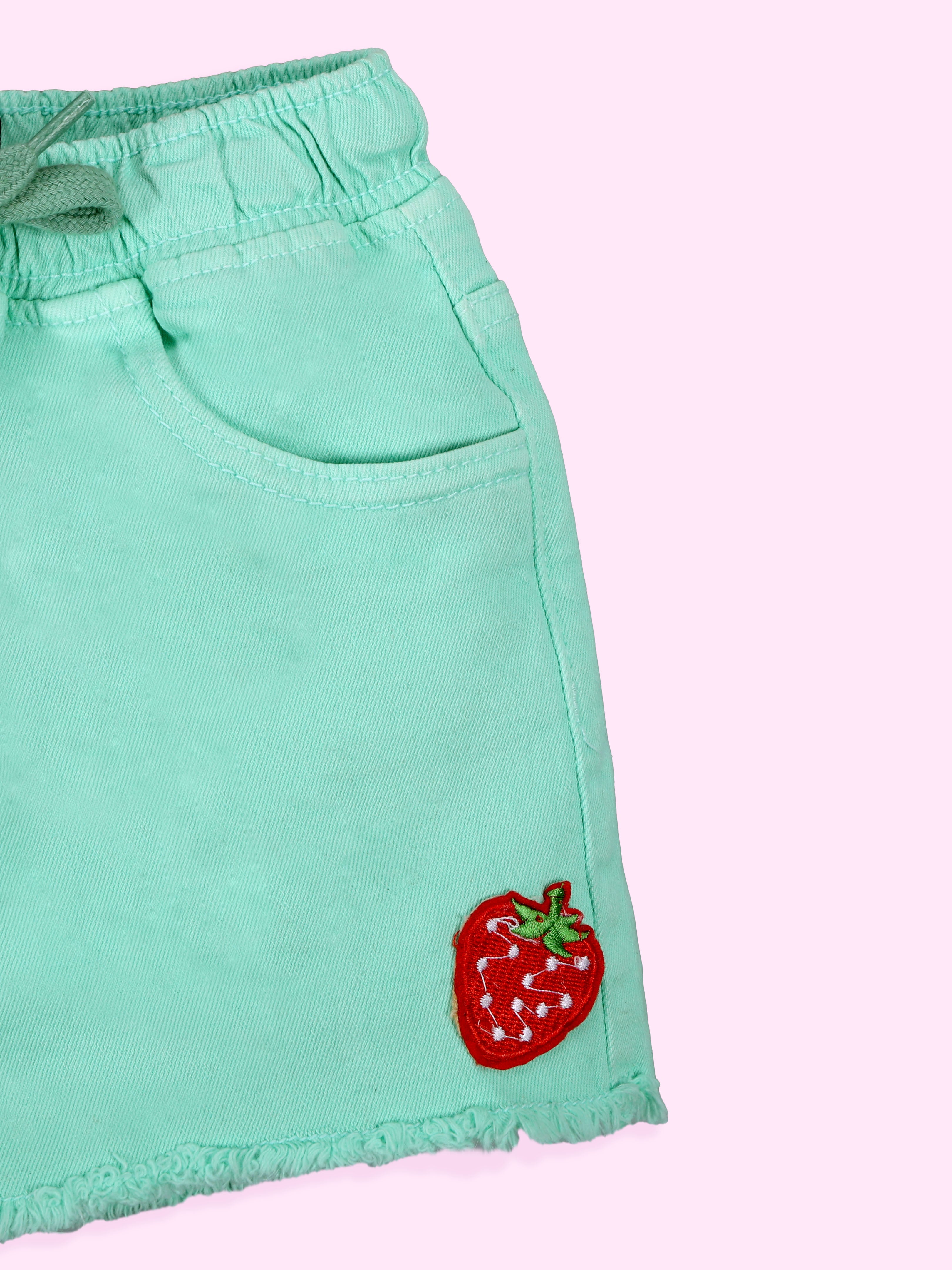 Girls Denim Hot Shorts With Strawberry Applique
