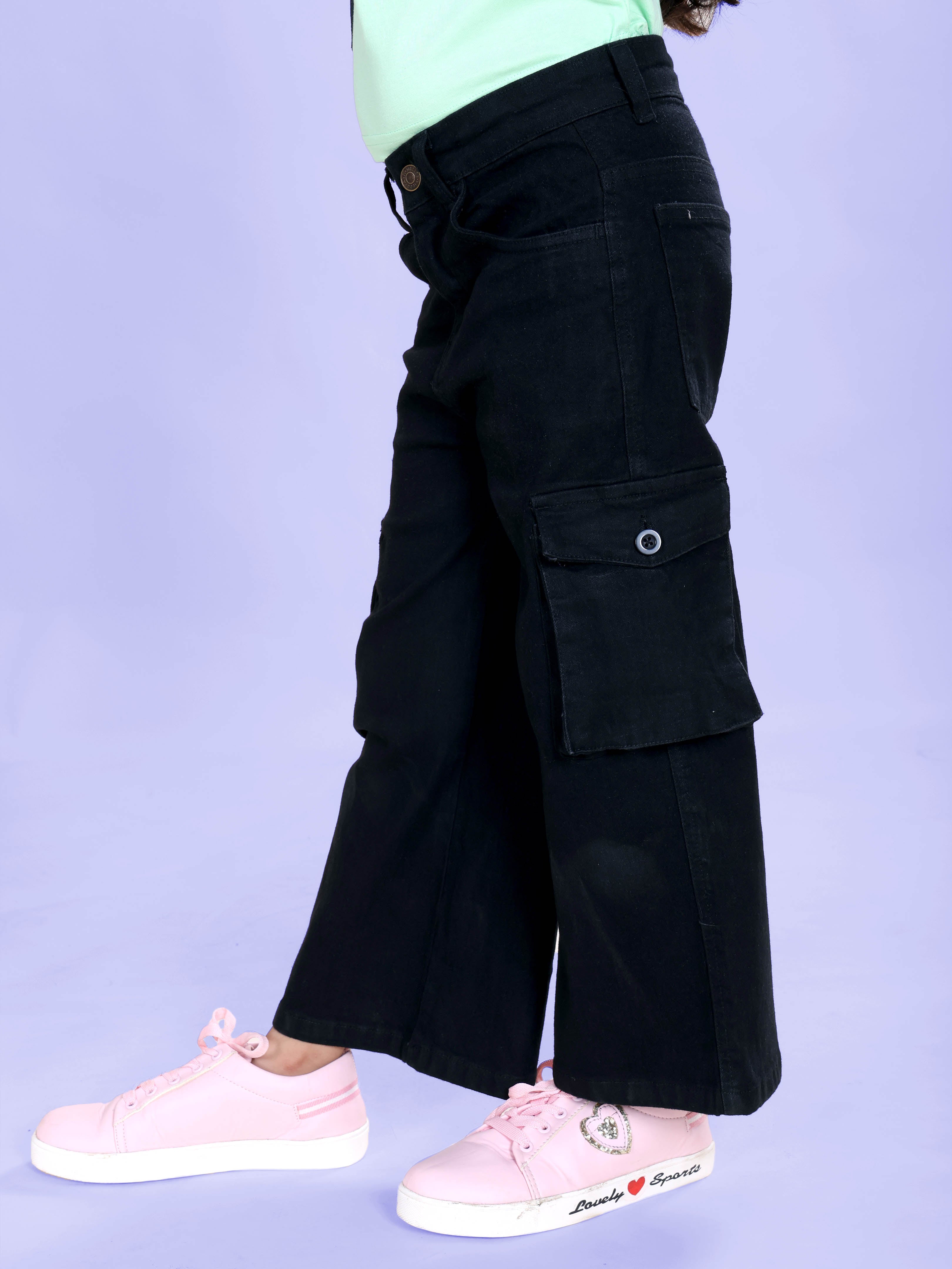 Girls Denim Solid Flared Utility Cargo Pant