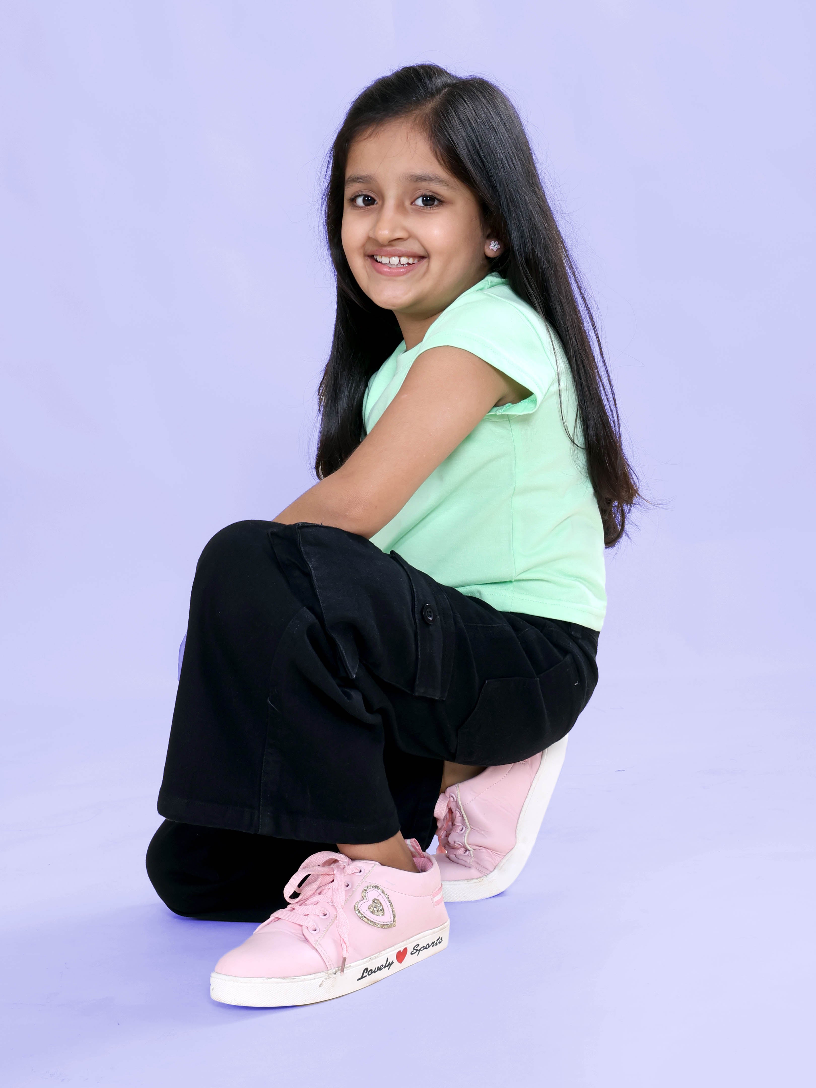 Girls Denim Solid Flared Utility Cargo Pant