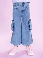 Kiddopanti Girls Denim Solid Flared Utility Cargo Pant
