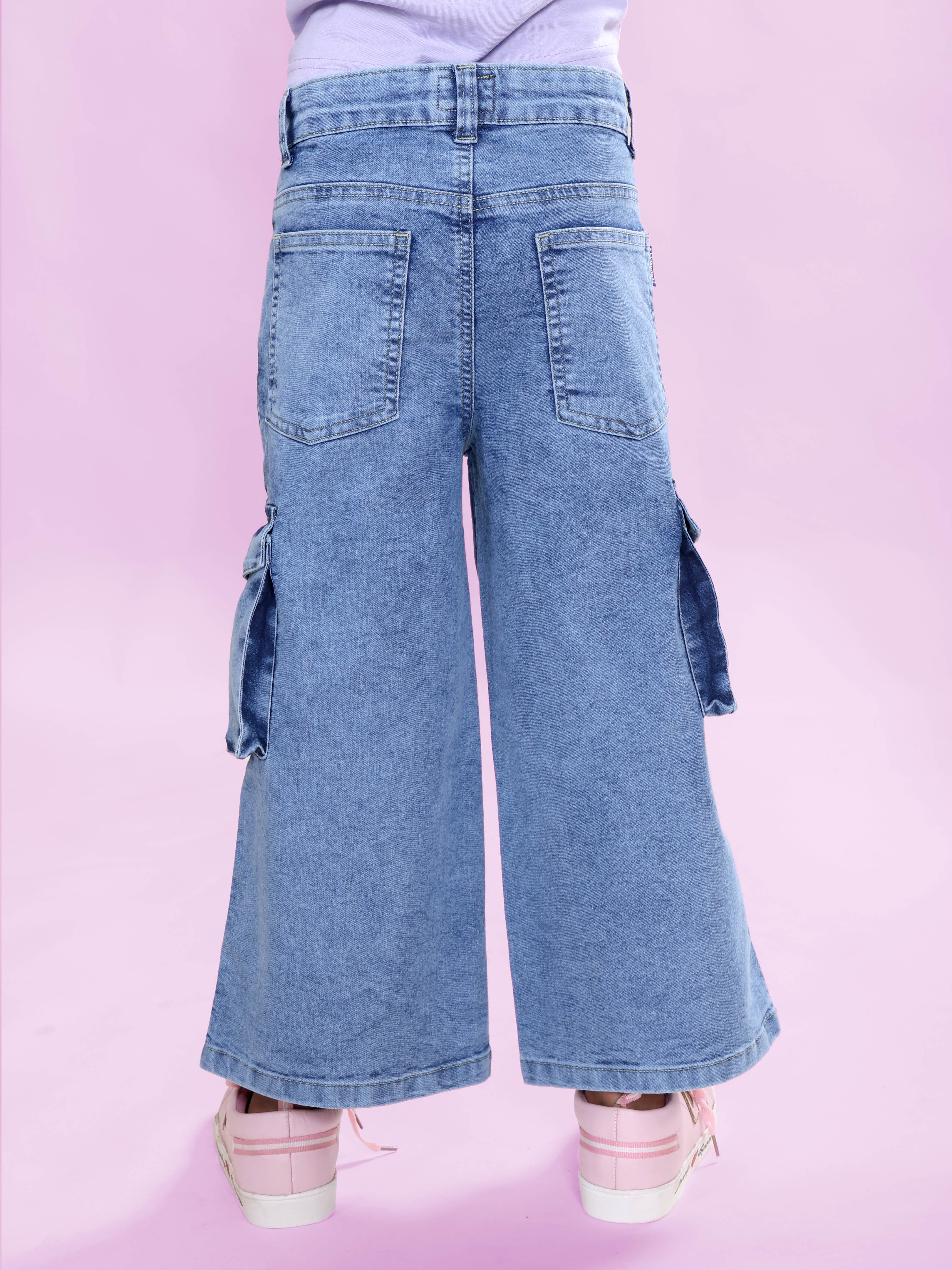 Girls Denim Solid Flared Utility Cargo Pant