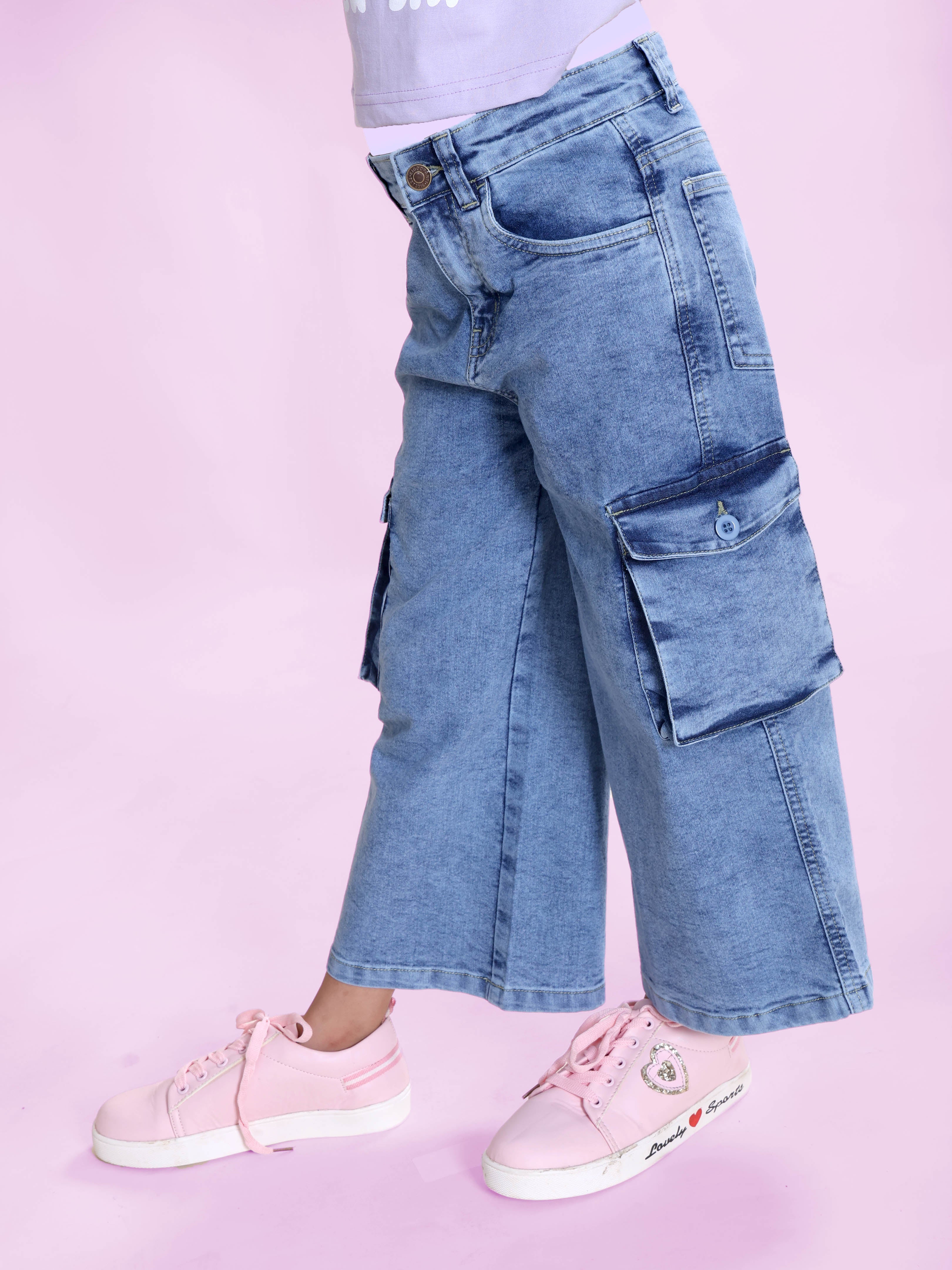 Girls Denim Solid Flared Utility Cargo Pant