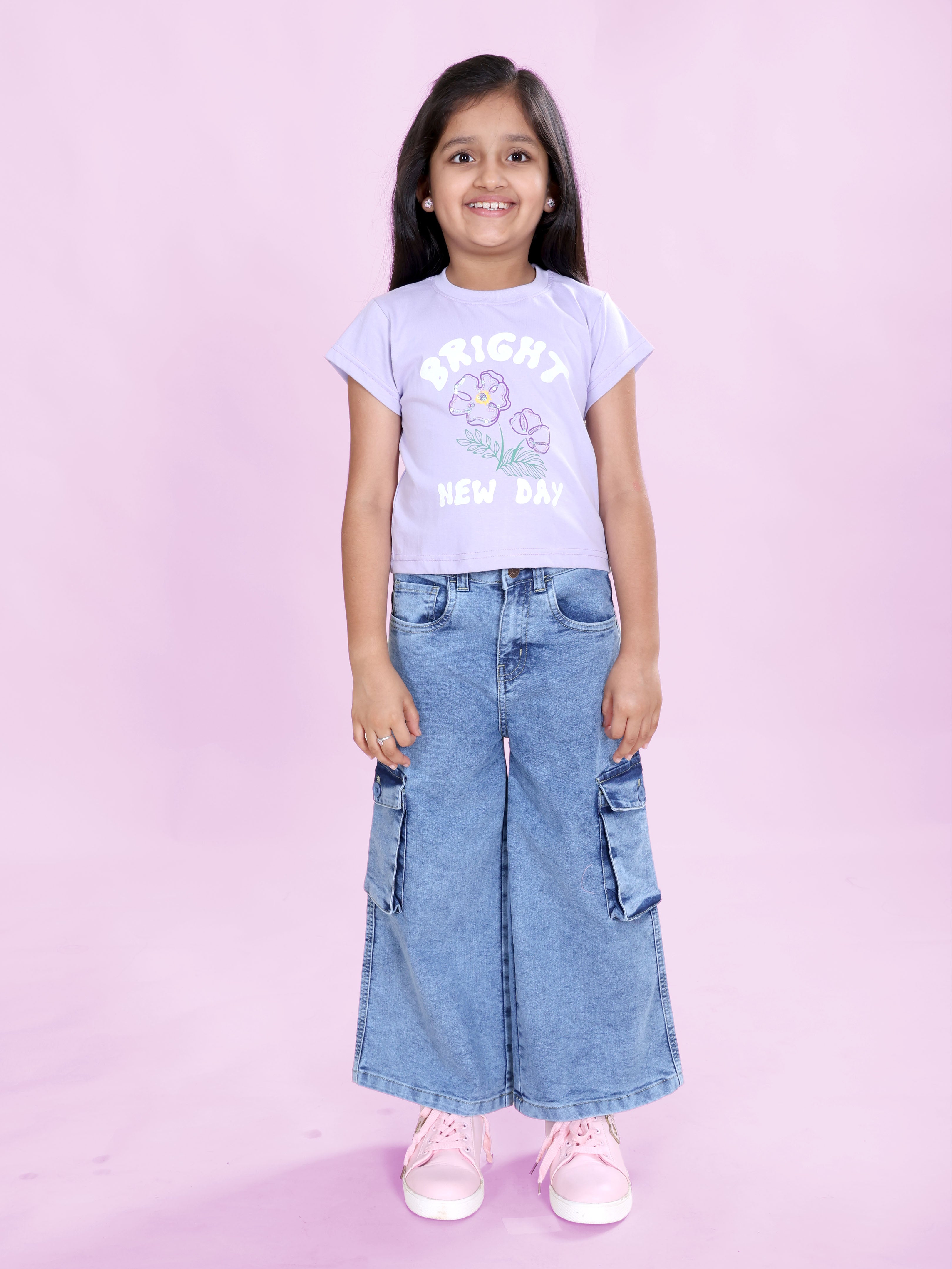 Girls Denim Solid Flared Utility Cargo Pant
