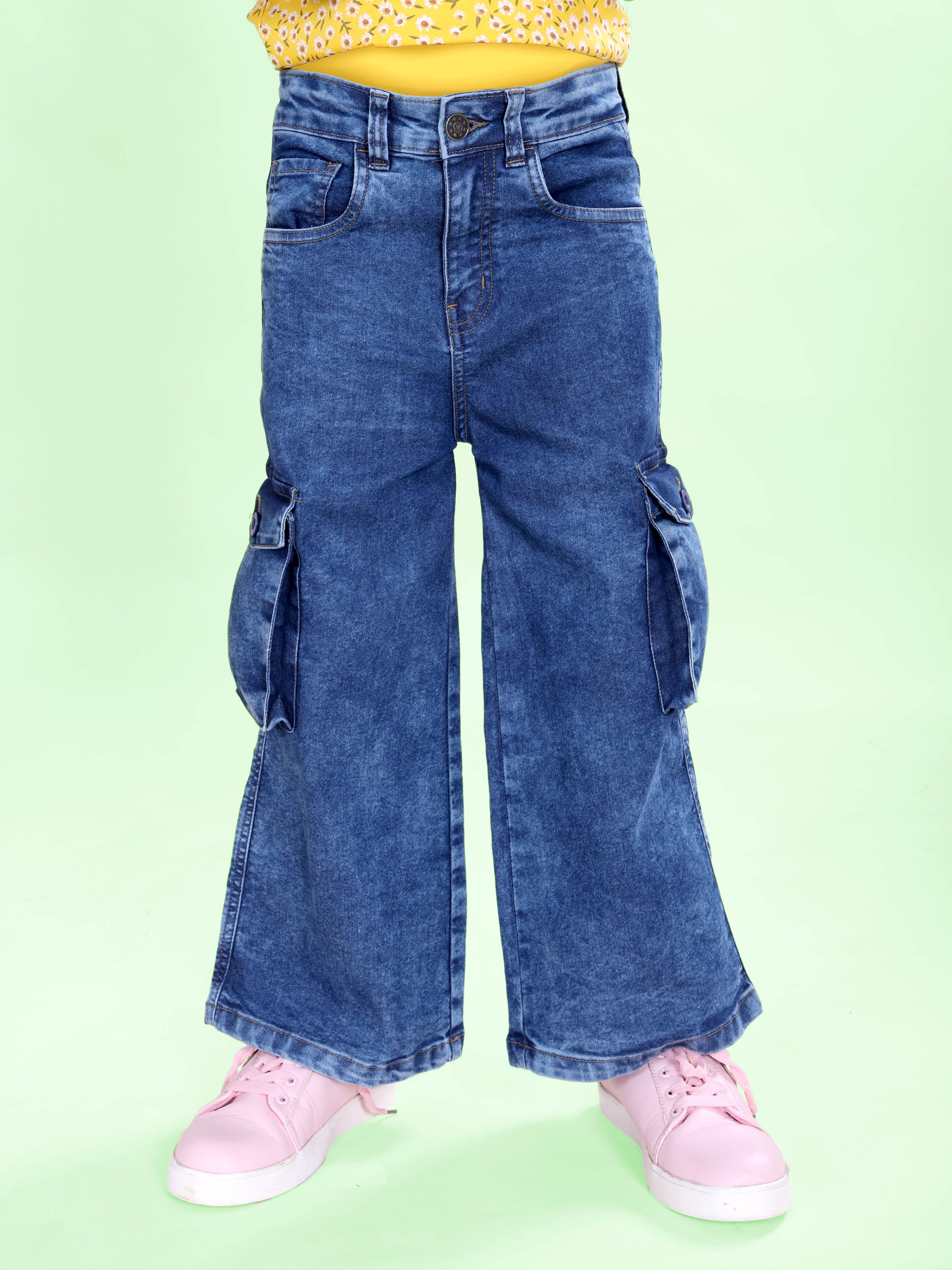 Girls Denim Solid Flared Utility Cargo Pant