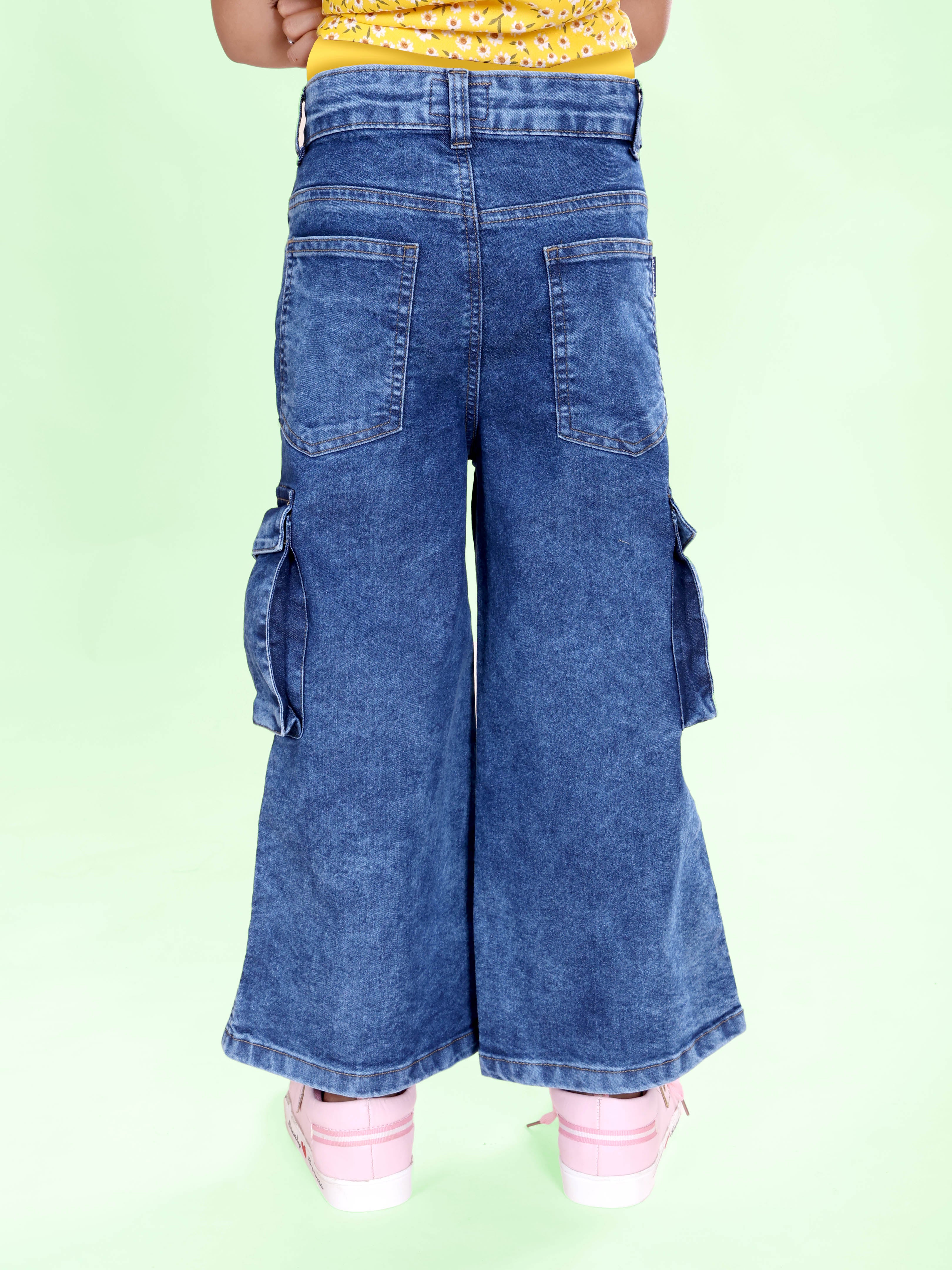 Girls Denim Solid Flared Utility Cargo Pant