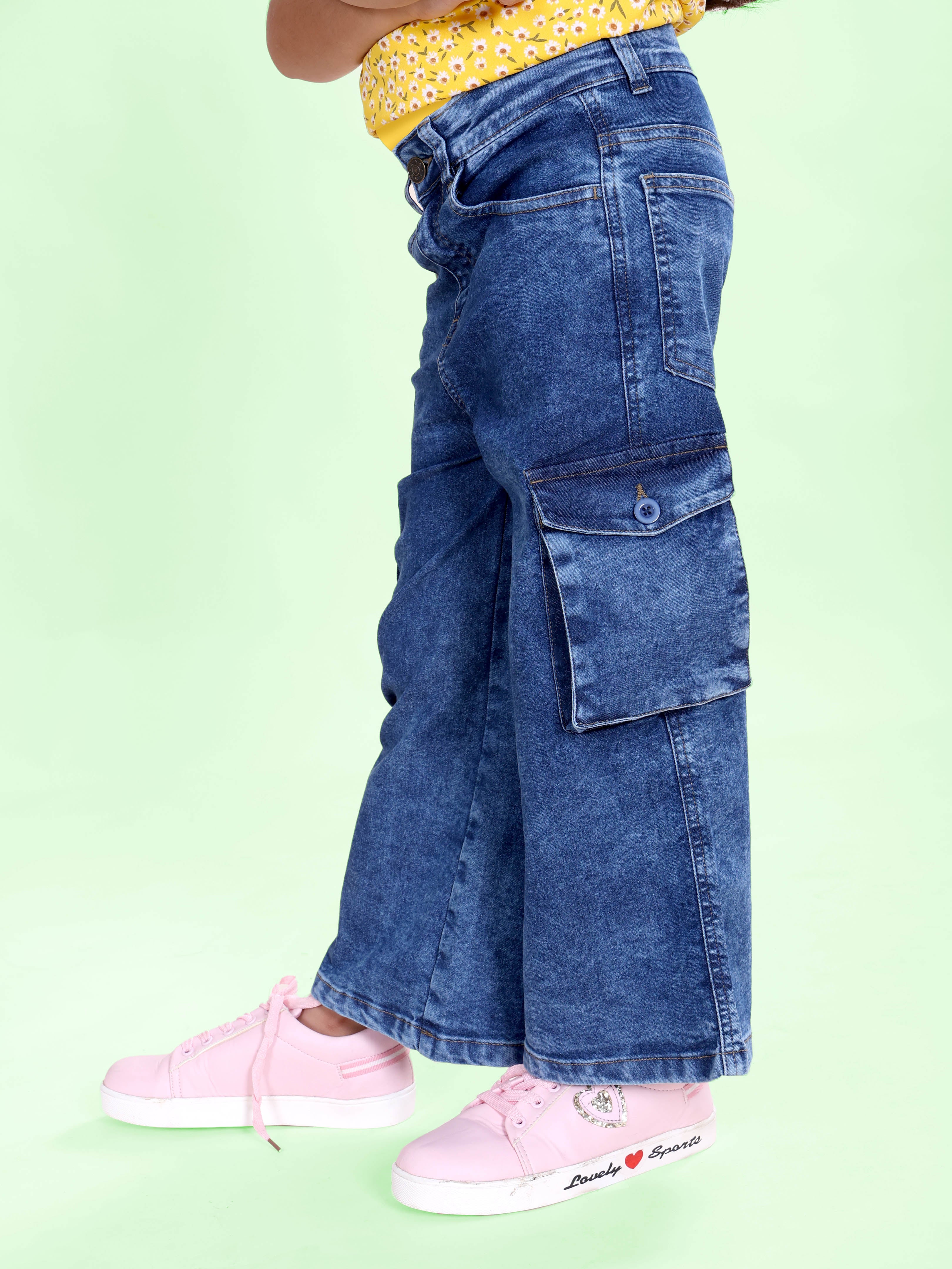 Girls Denim Solid Flared Utility Cargo Pant