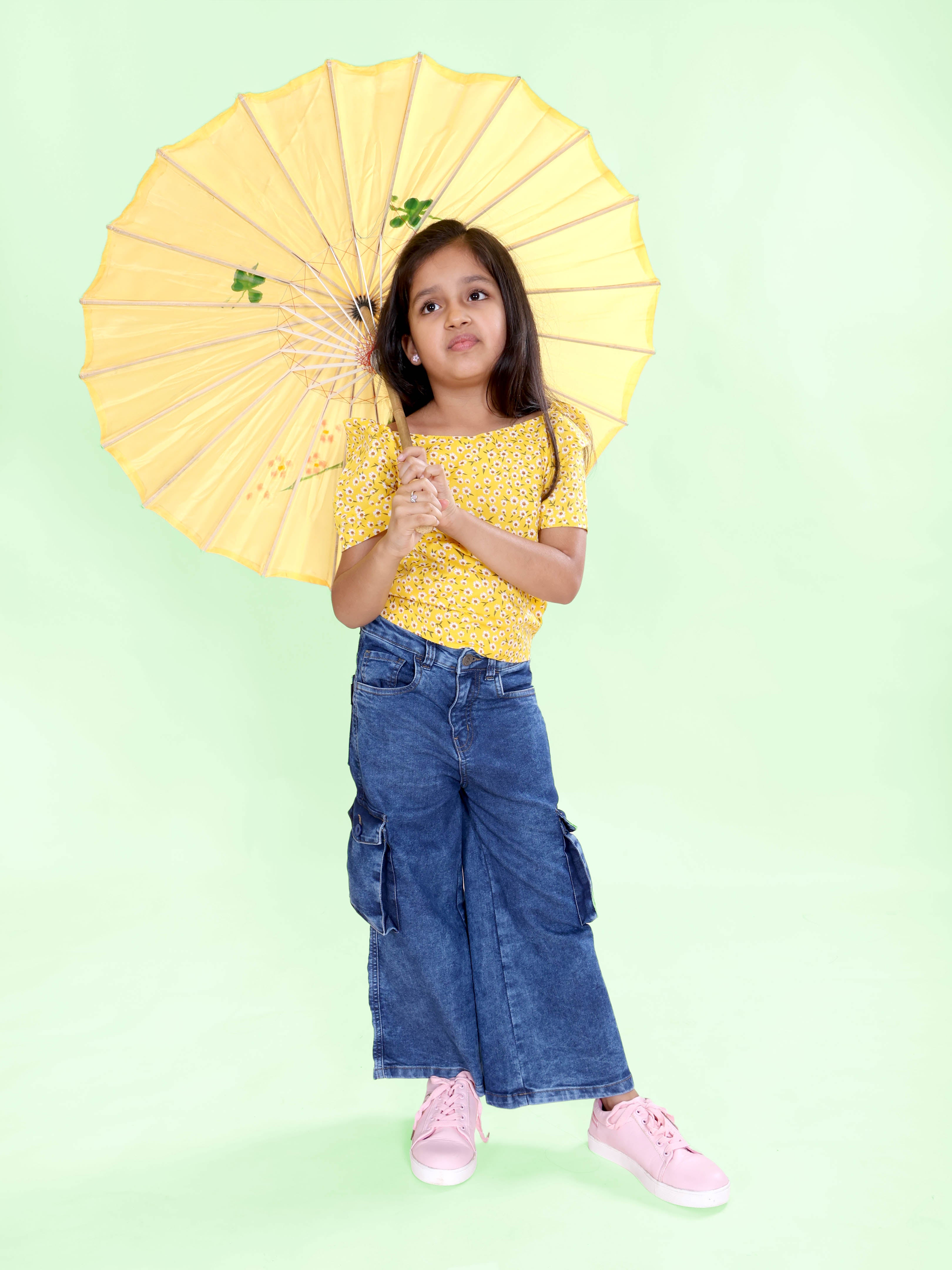 Girls Denim Solid Flared Utility Cargo Pant