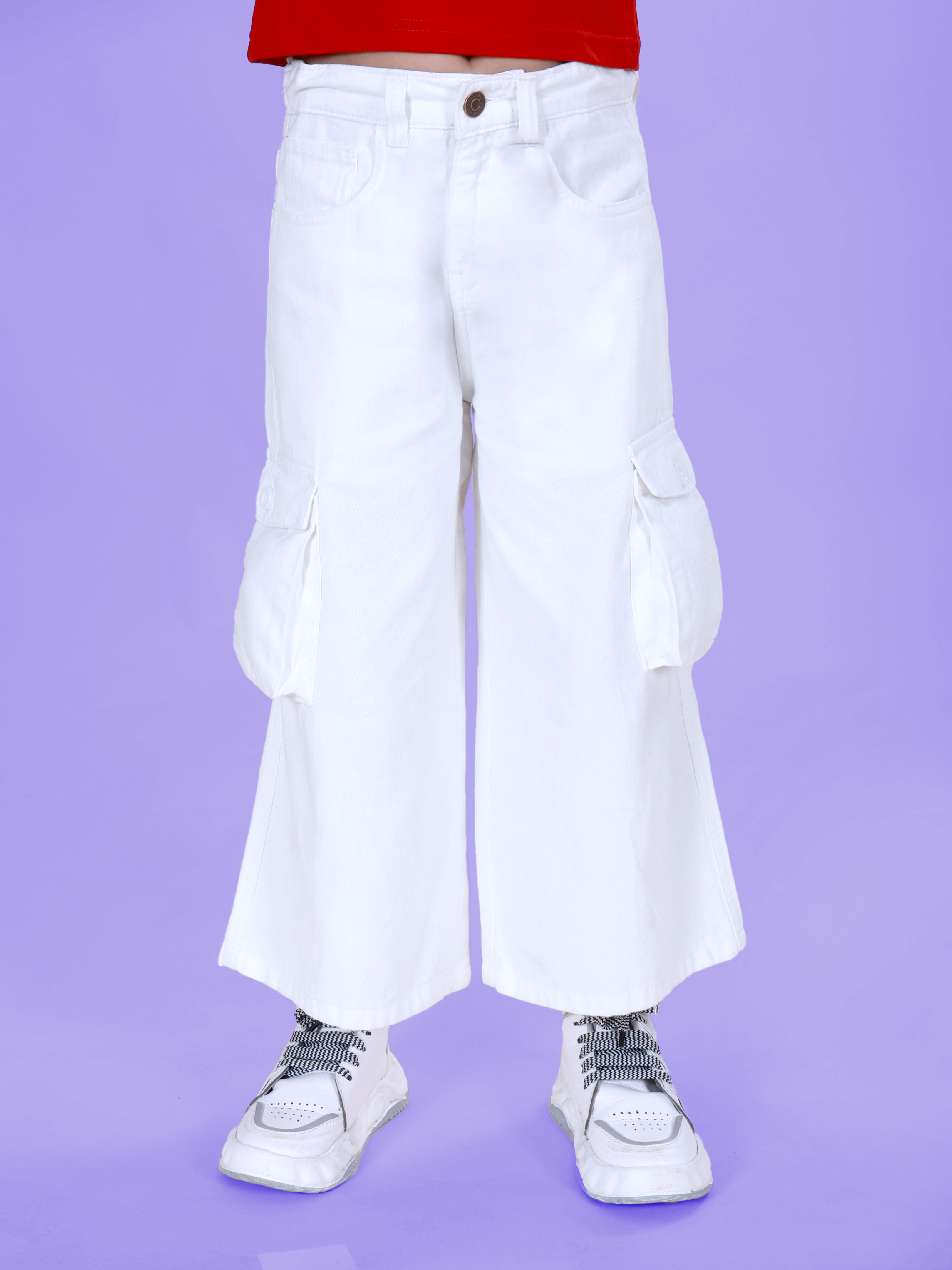 Girls Denim Solid Flared Utility Cargo Pant