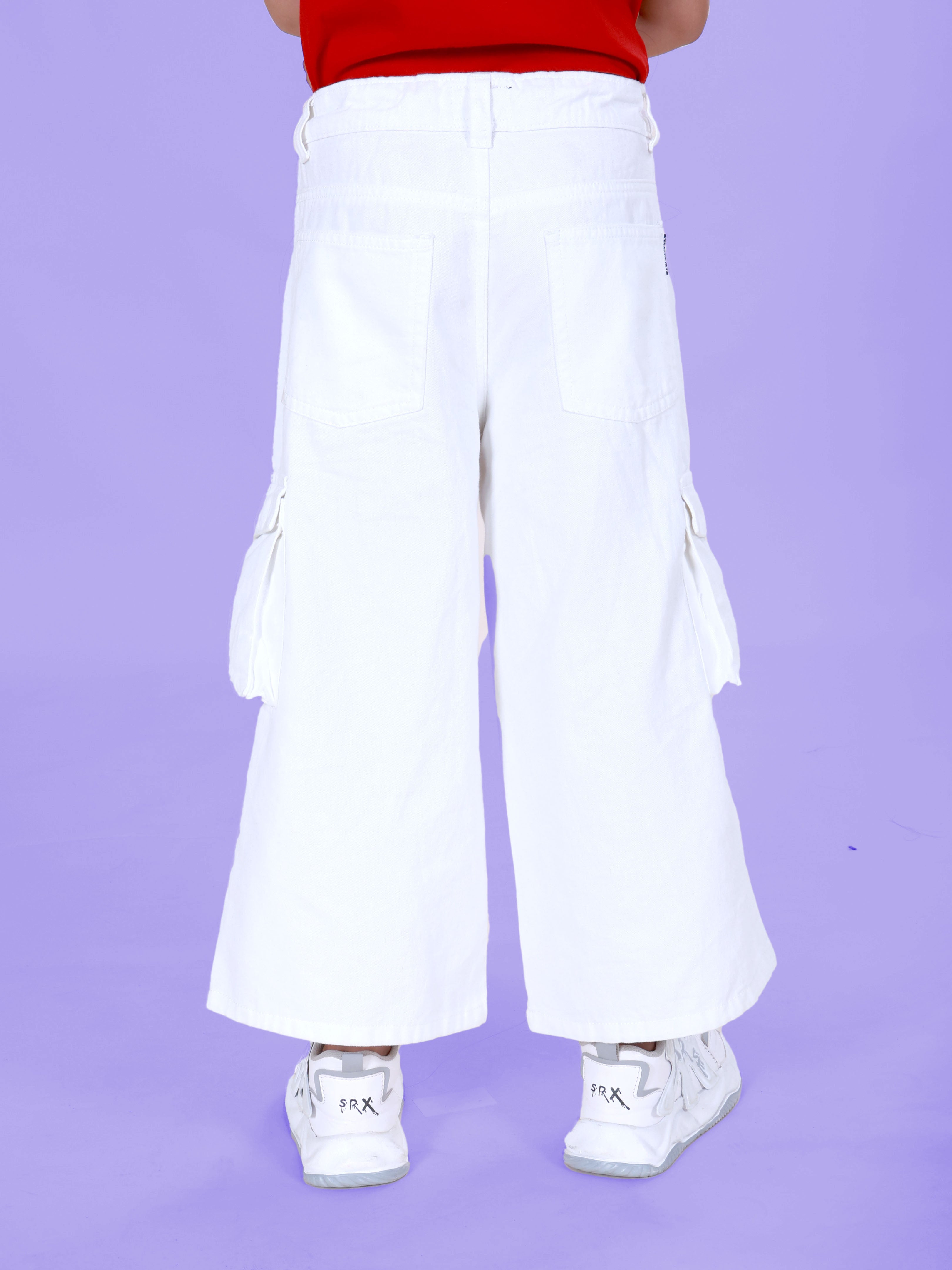 Girls Denim Solid Flared Utility Cargo Pant