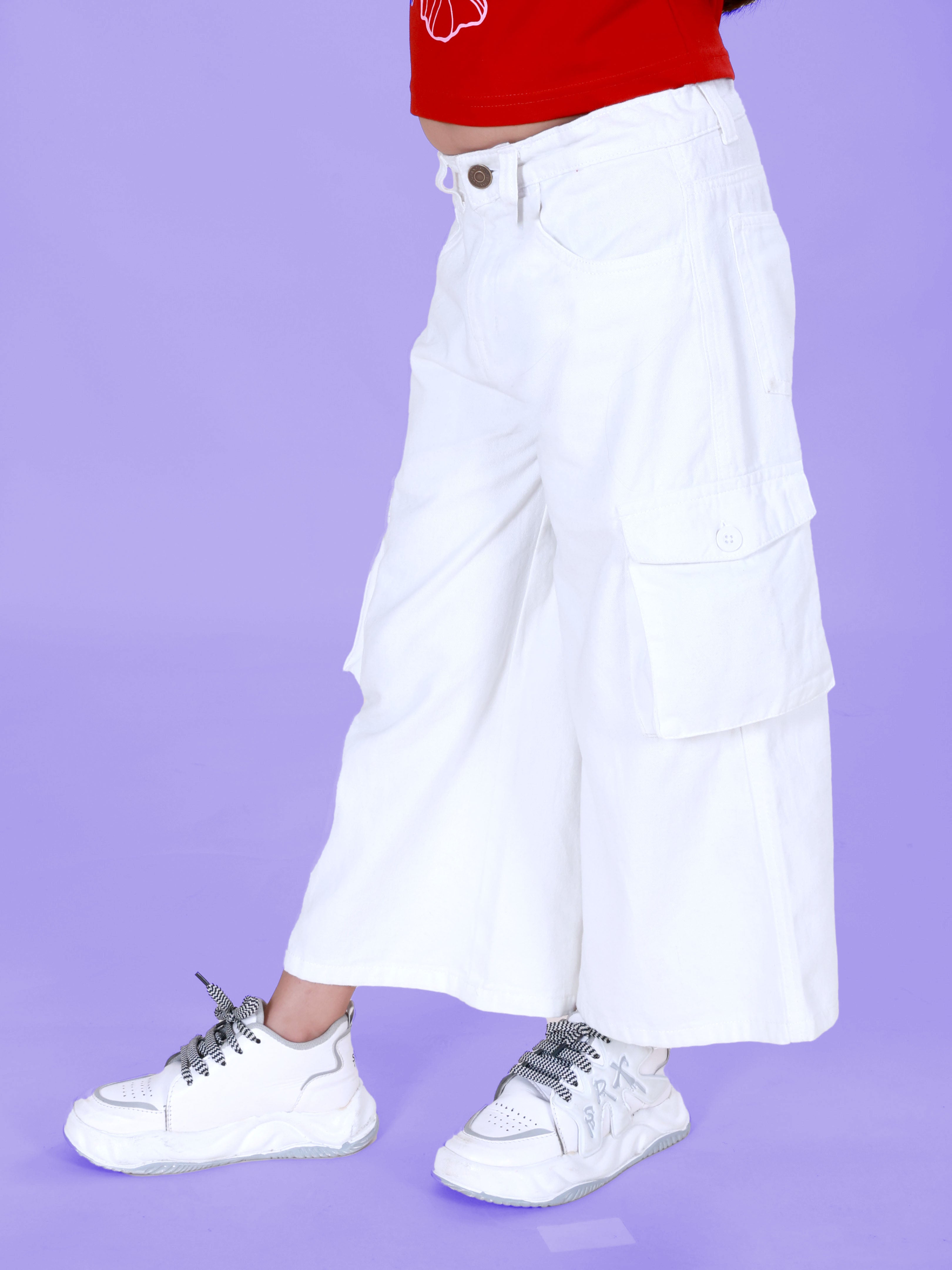 Girls Denim Solid Flared Utility Cargo Pant