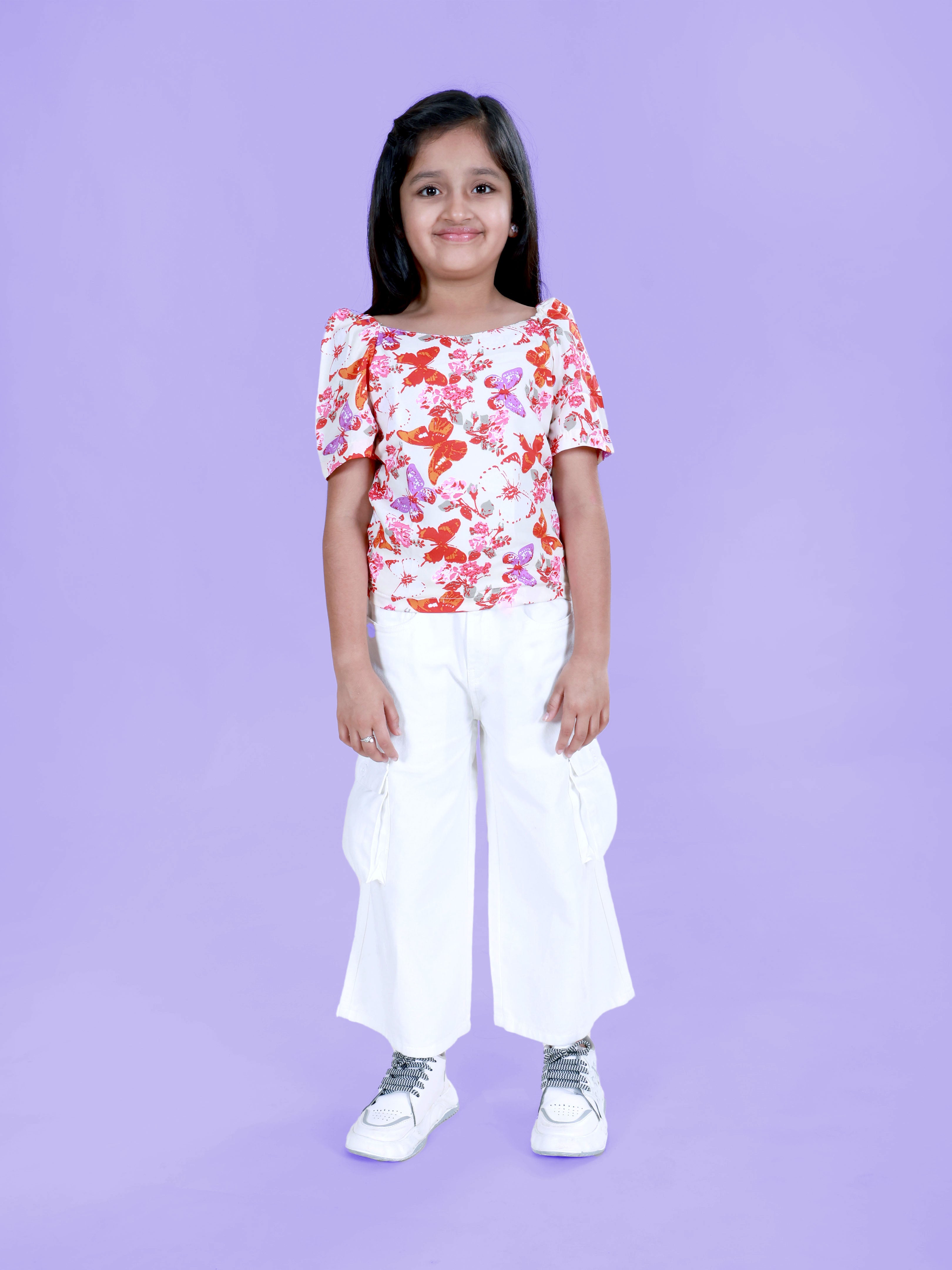 Girls Denim Solid Flared Utility Cargo Pant