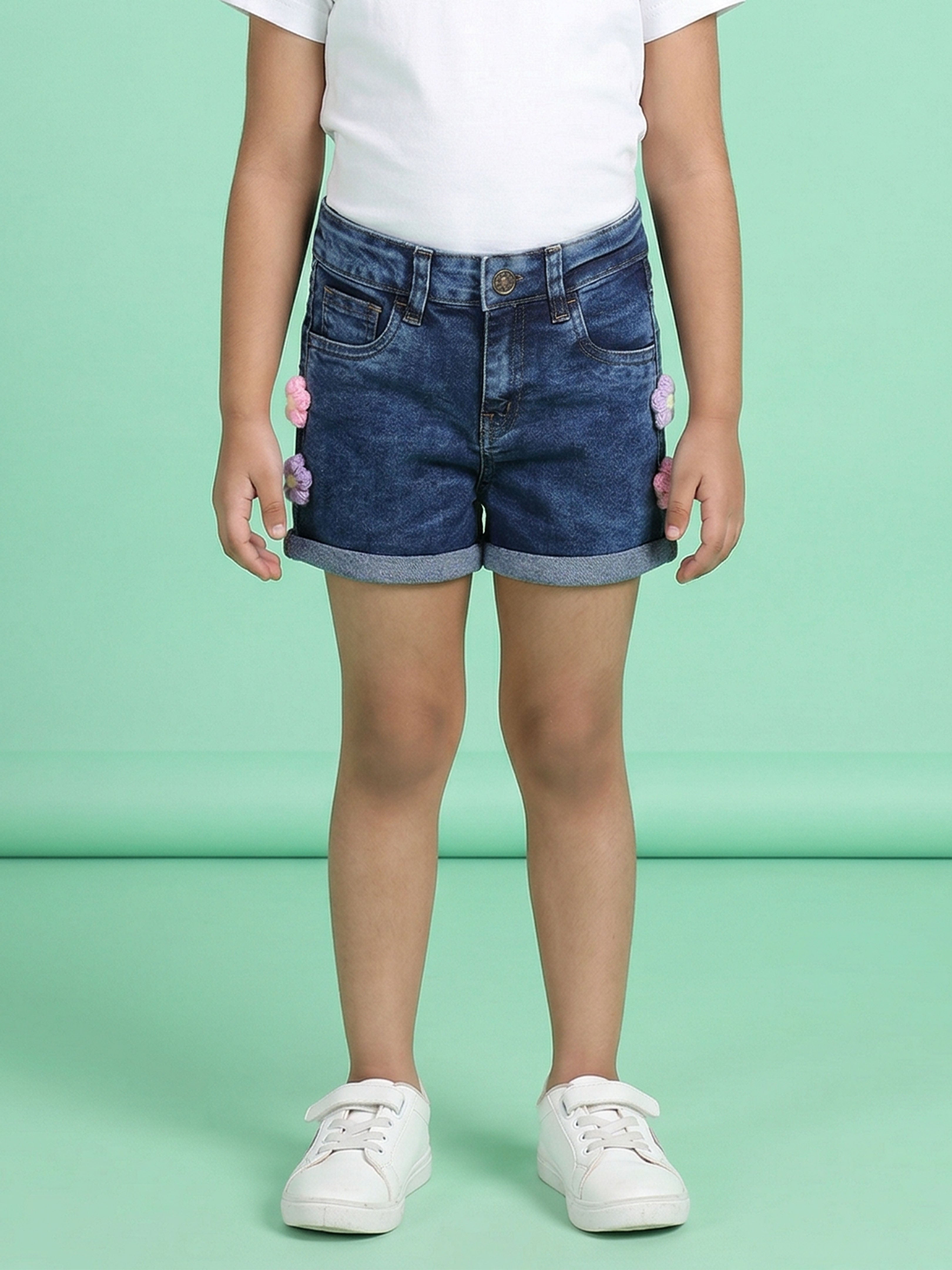 Girls Roll Up Denim Shorts With Lavender and Pink 3D Crochet Flowers
