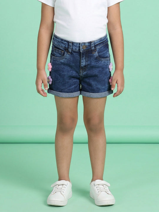 Girls Roll Up Denim Shorts With Lavender and Pink 3D Crochet Flowers