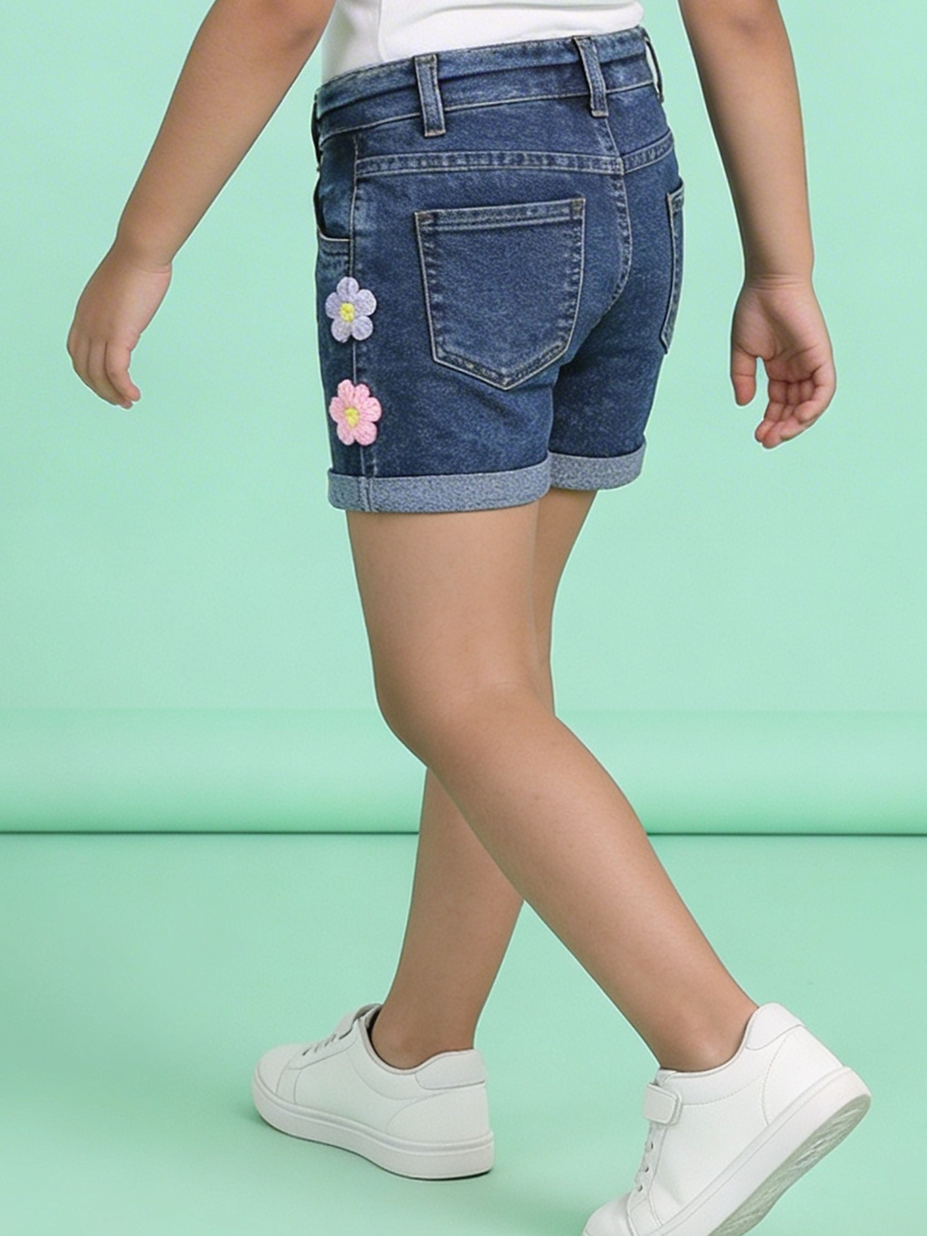 Girls Roll Up Denim Shorts With Lavender and Pink 3D Crochet Flowers