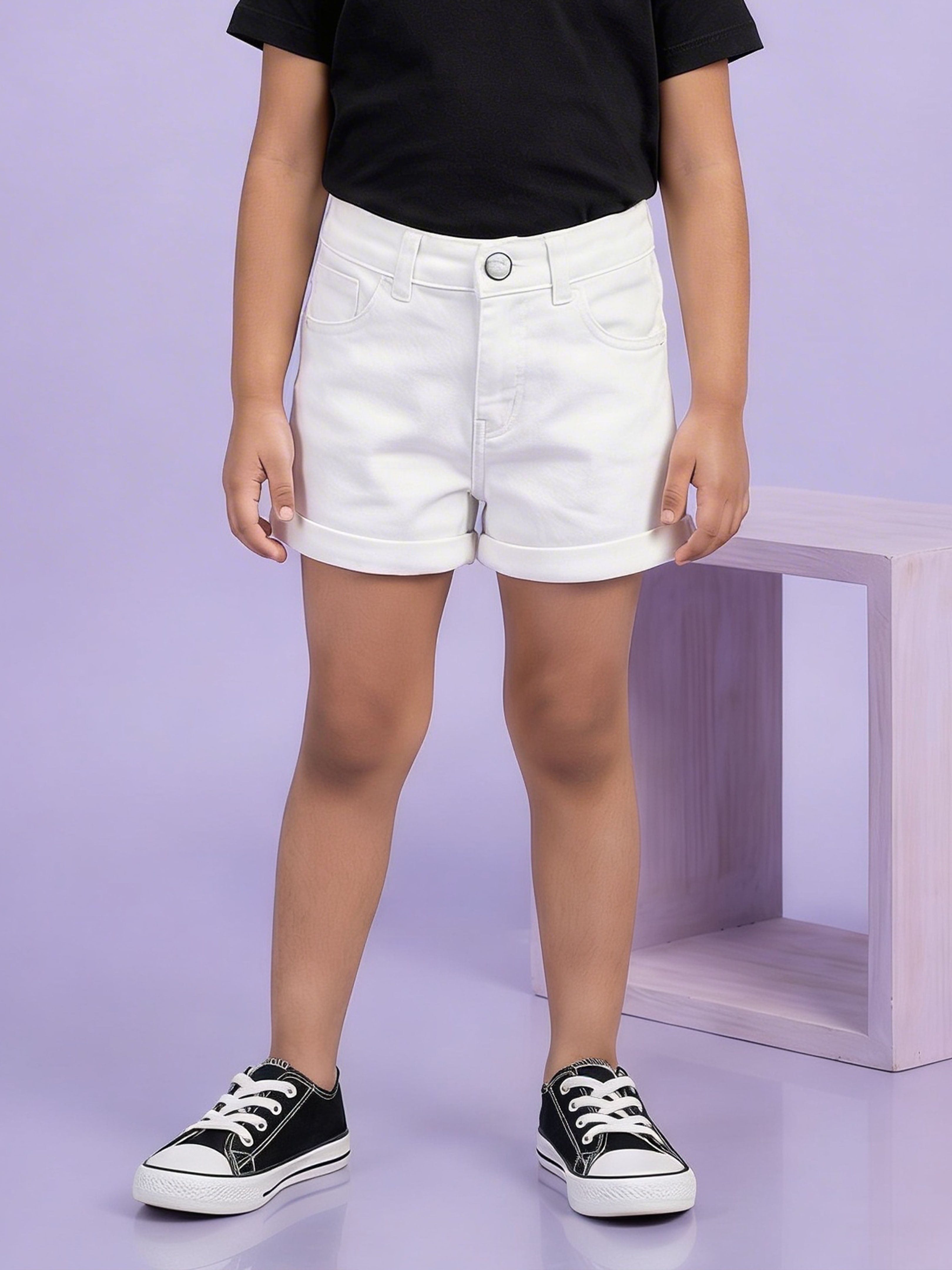 Girls Rollup Denim Shorts with Button Elasticated Waistband
