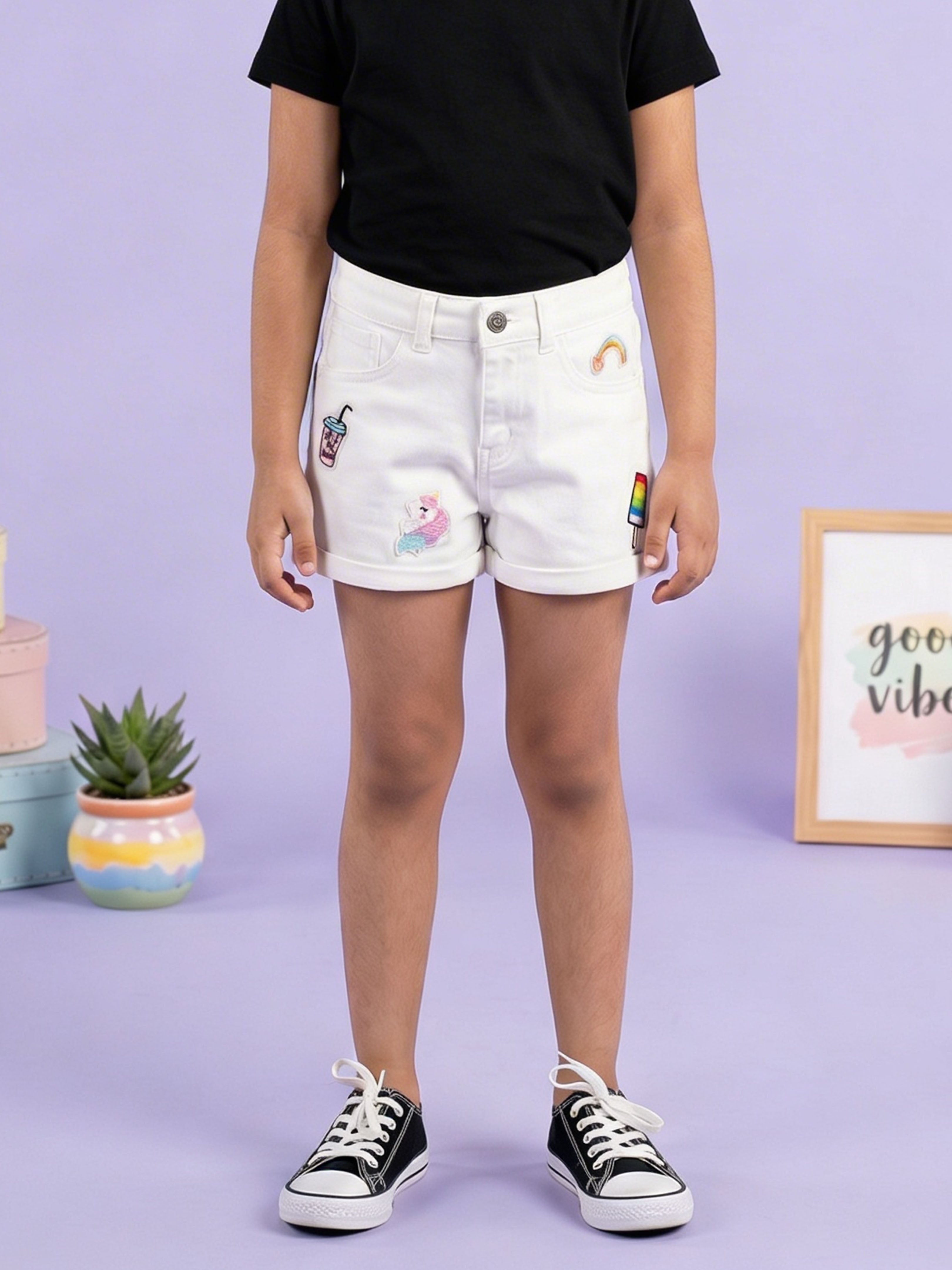 Girls Rollup Denim Shorts With Multi Badge