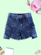 Girls Denim Pockets Detailed Solid Cargo Shorts