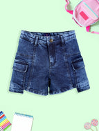 Girls Denim Pockets Detailed Solid Cargo Shorts - Dk Rag Wash Blue / 3-4Y