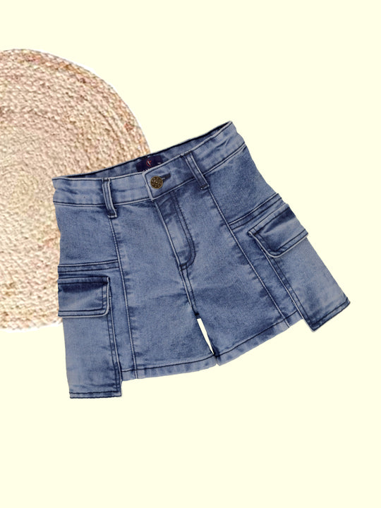 Girls Cut Sew Denim Shorts With Front Cargo Pocket