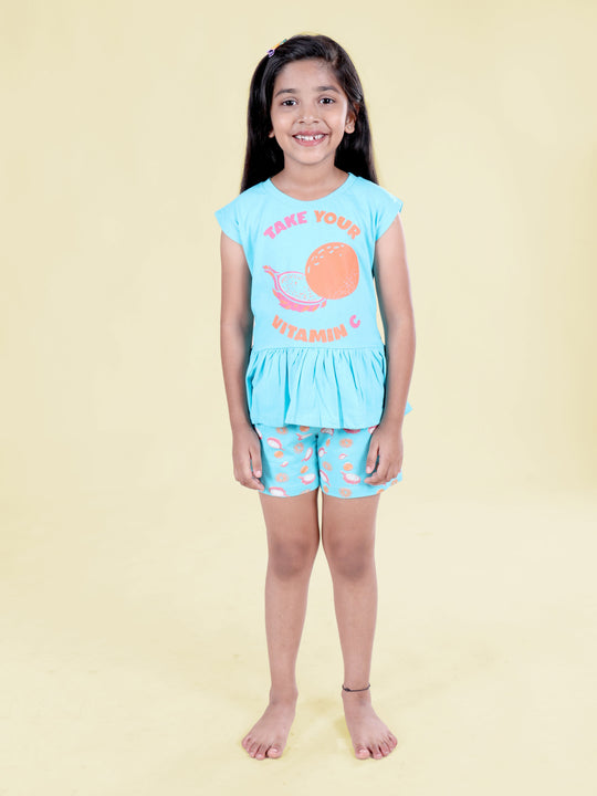 Girls Cotton Cap Sleeves Fruit Printed Tee and Shorts Night Sets