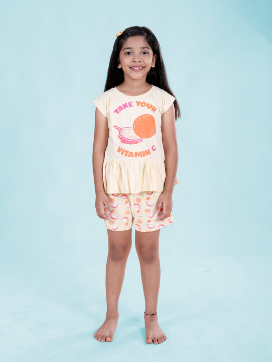 Girls Cotton Cap Sleeves Fruit Printed Tee and Shorts Night Sets