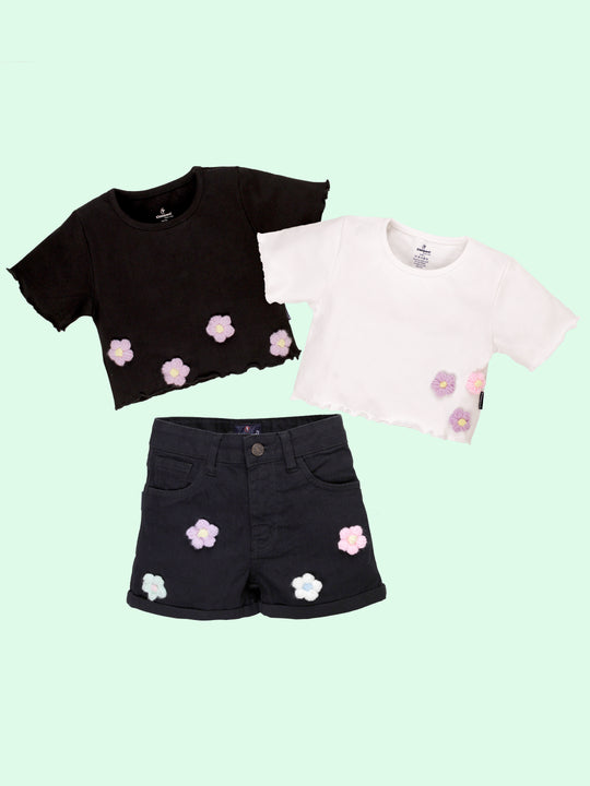 Girls Cotton Pack of 2 3D Crochet Flower Tees And One Denim Rollup Shorts