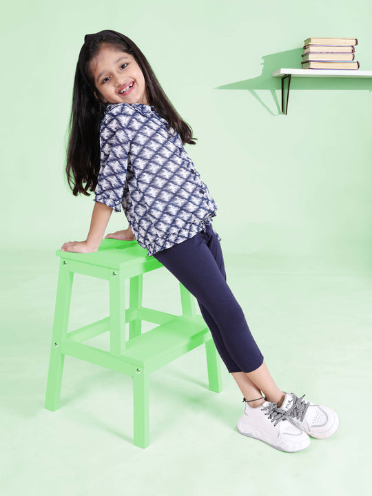 Girls Full Sleeves Front Open Smocking Hem Printed Top With Tie Up  & Capri Legging