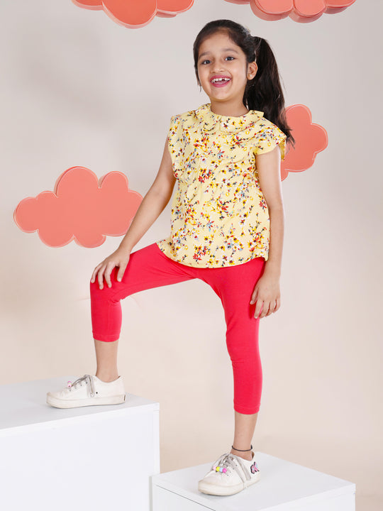 Girls Sleeveless Collared Floral Printed Dress With Capri Legging