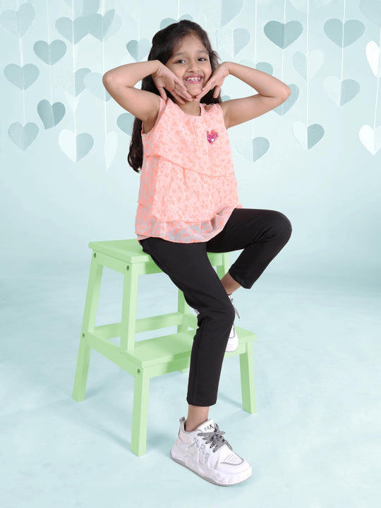 Girls Sleeveless All Over Printed With Heart Applique Layered Dress & Jegging Pant