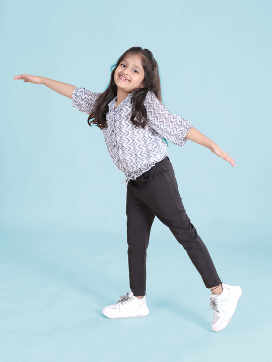 Girls Full Sleeves Front Open Smocking Hem Printed Top With Tie Up & Jegging