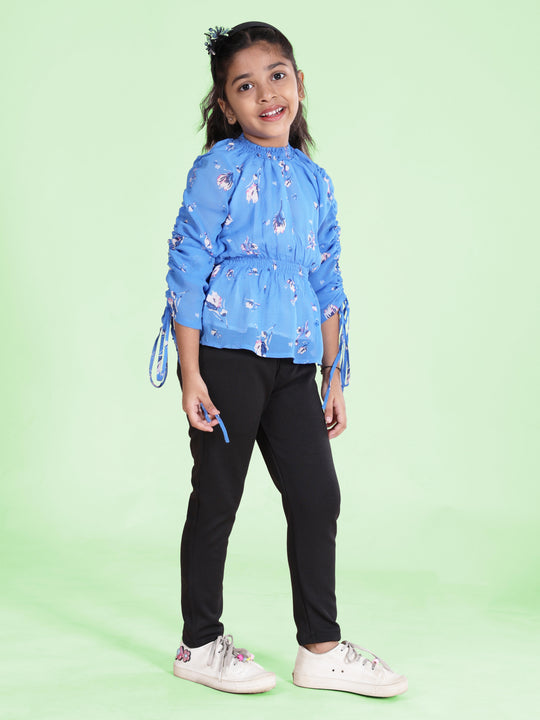 Girls Full Sleeves Smocking Waist Geathered Top With Jegging