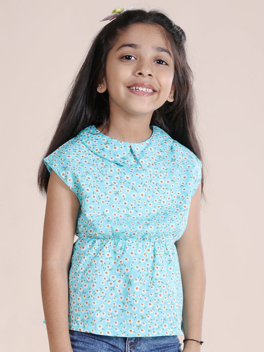 Girls Sleeveless Floral Printed Drop Shoulder Dress