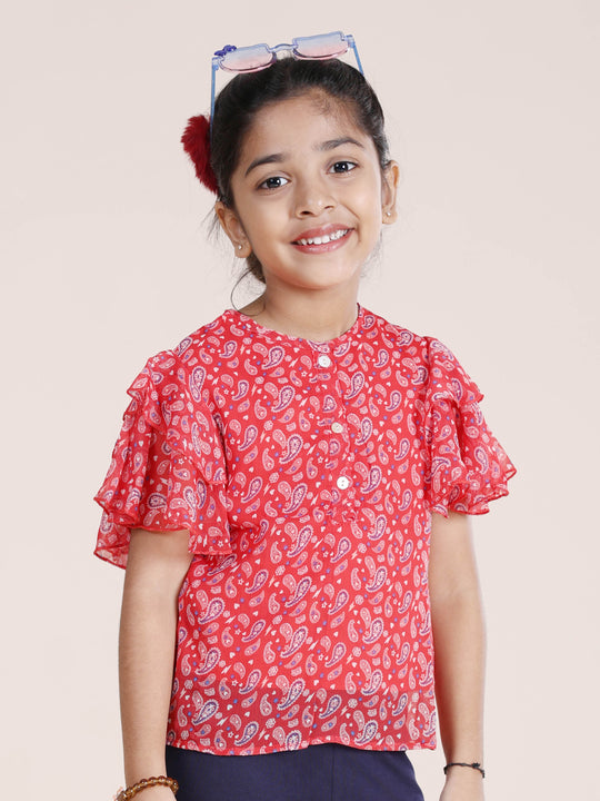 Girls Frill Layered Sleeves Printed Dress