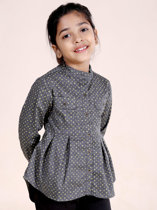 Girls Full Sleeves Printed Dress With Pleated Bottom