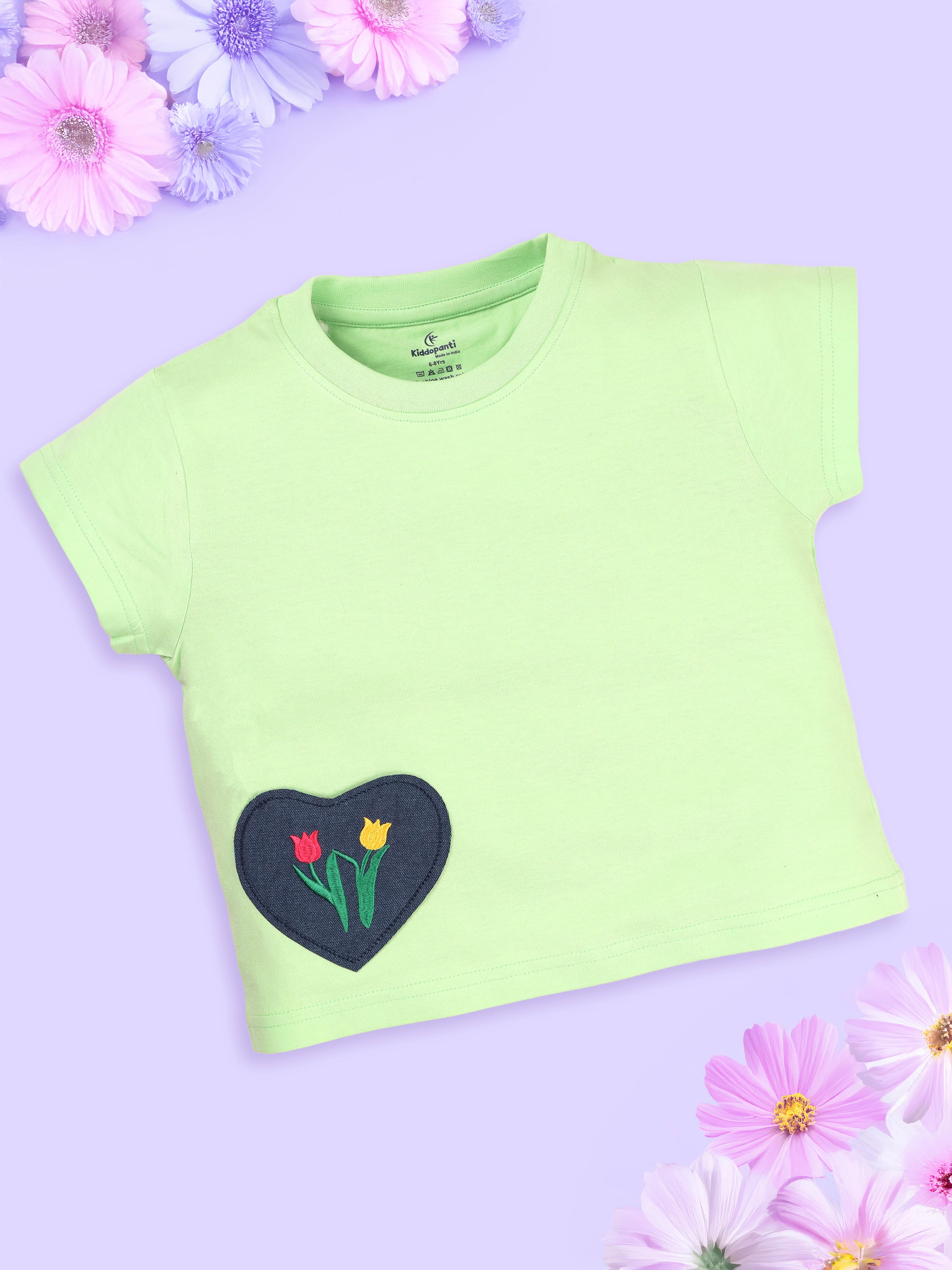 Girls Cotton Half Sleeves Round Neck Tee With Heart Applique