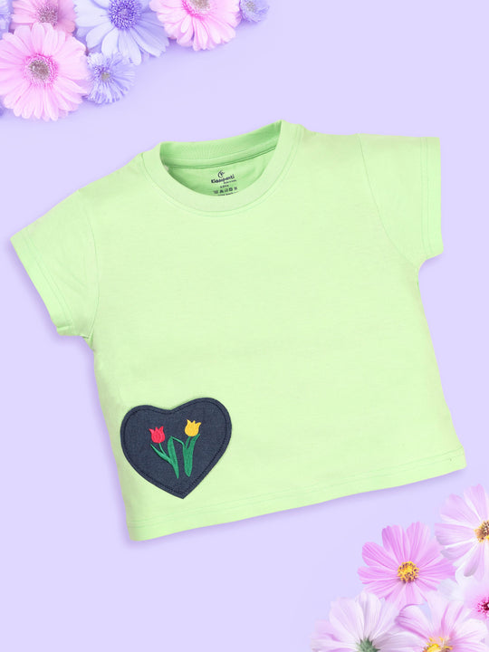 Girls Cotton Half Sleeves Round Neck Tee With Heart Applique