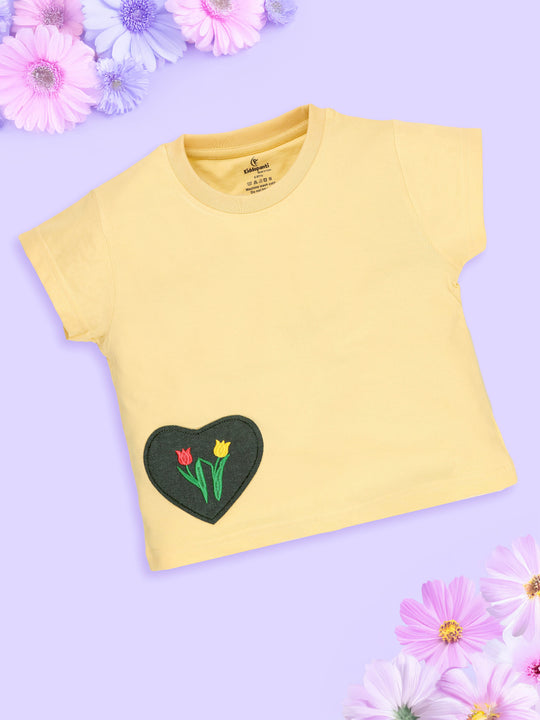 Girls Cotton Half Sleeves Round Neck Tee With Heart Applique