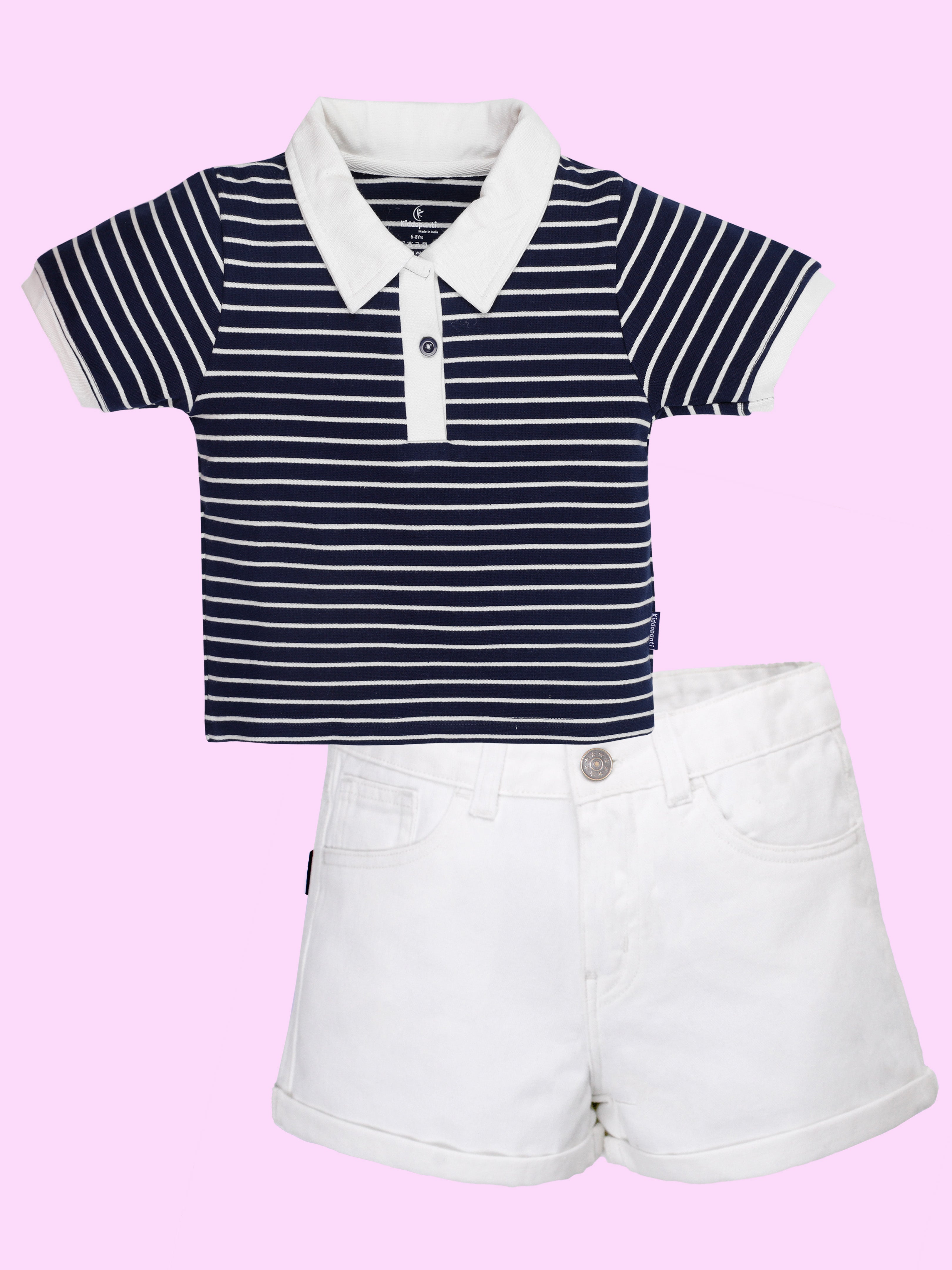 Girls Crop Length Polo Tee and  Rollup Denim Shorts Co Ord Set