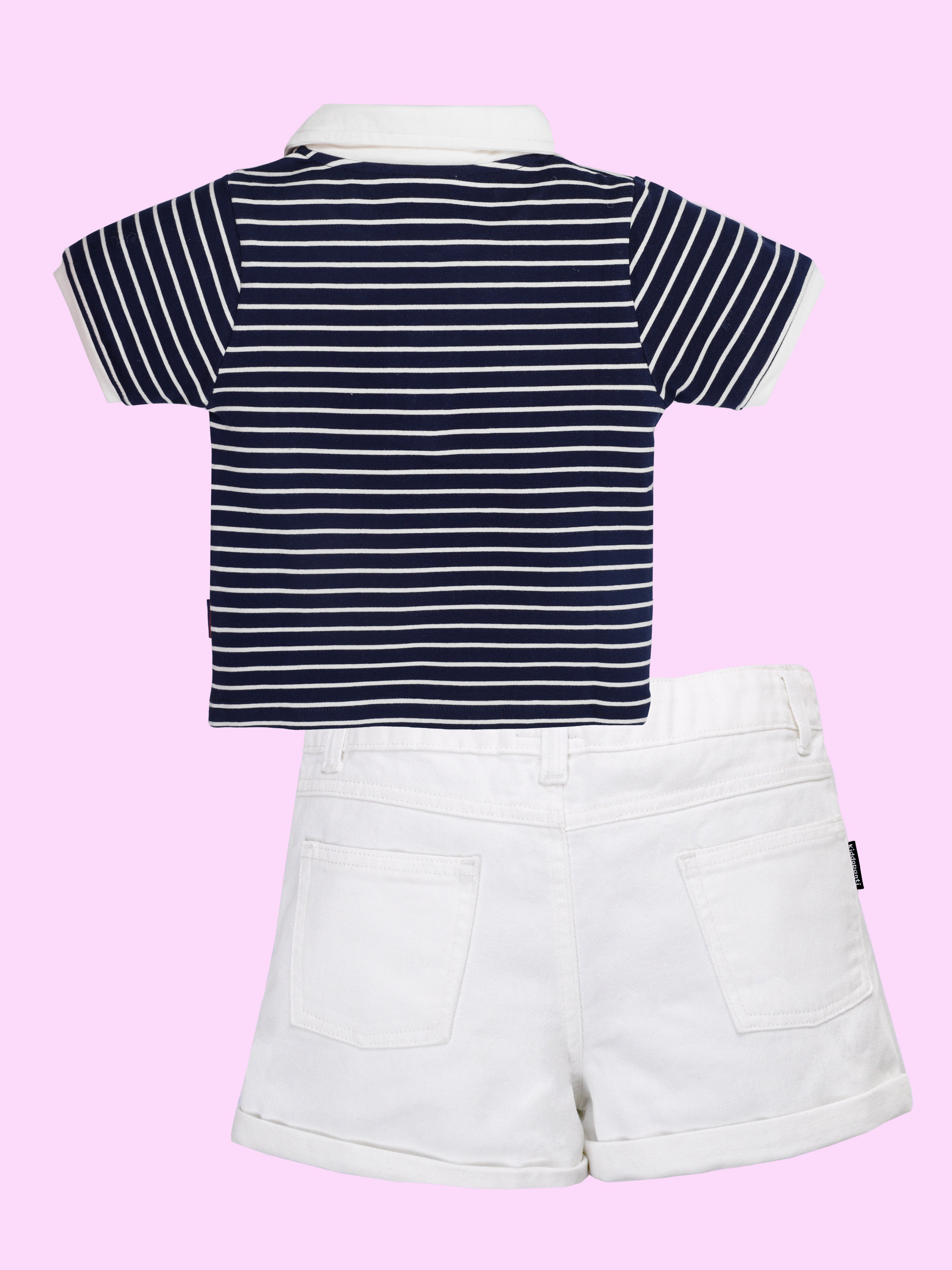 Girls Crop Length Polo Tee and  Rollup Denim Shorts Co Ord Set
