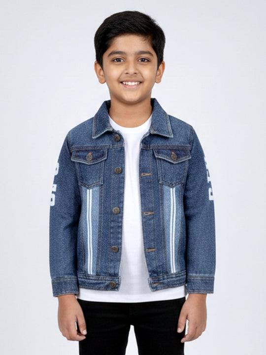 Boys Full Sleeves Denim Jacket With Contrast Wash Effect With Themed Badges and Prints
