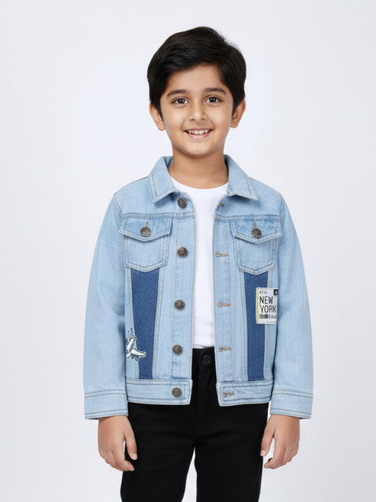 Boys Full Sleeves Denim Jacket With Contrast Wash Effect With Themed Badges and Prints