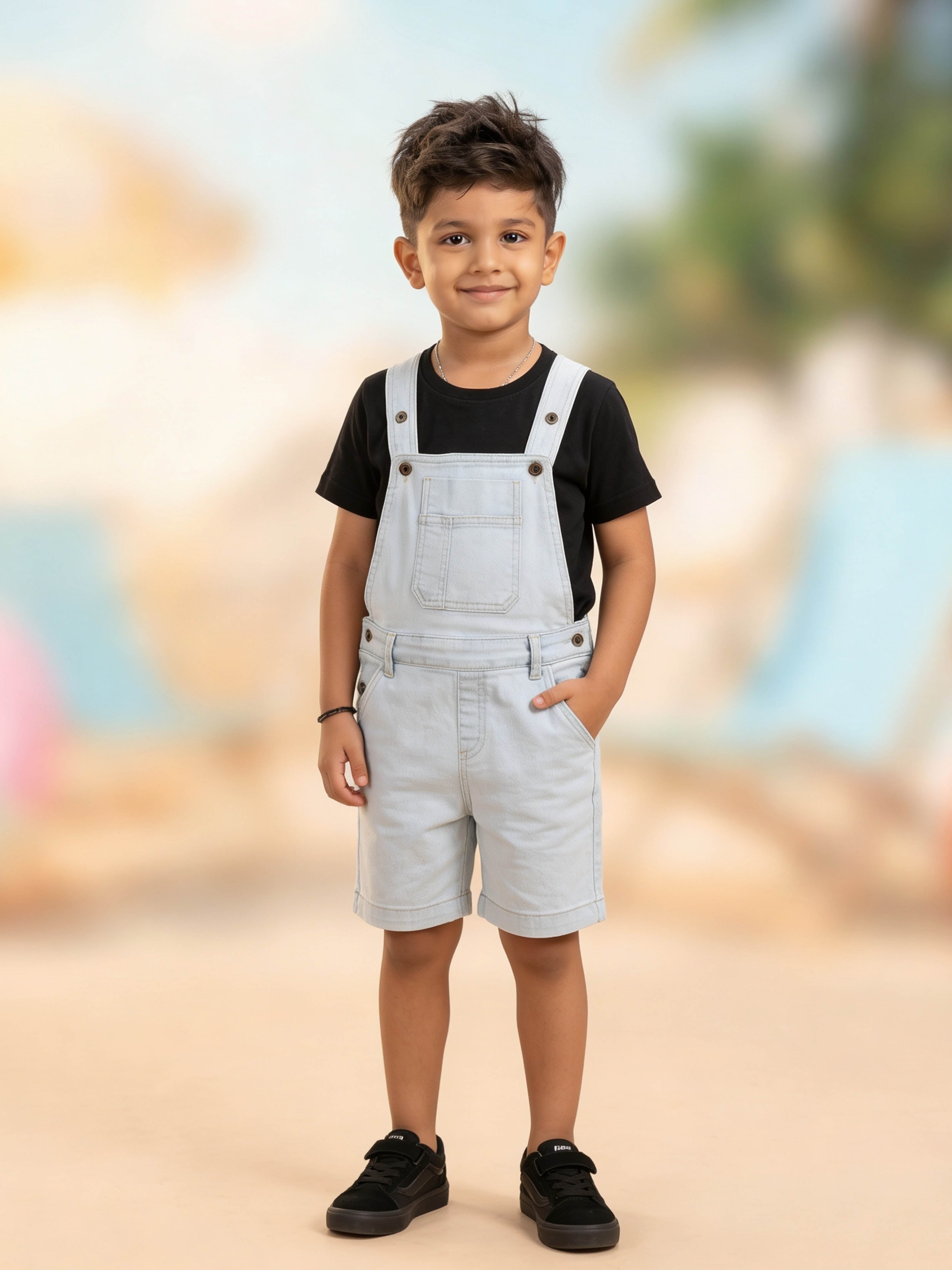 Kiddopanti Boys Denim Sleeveless Woven Solid Dungaree Shorts